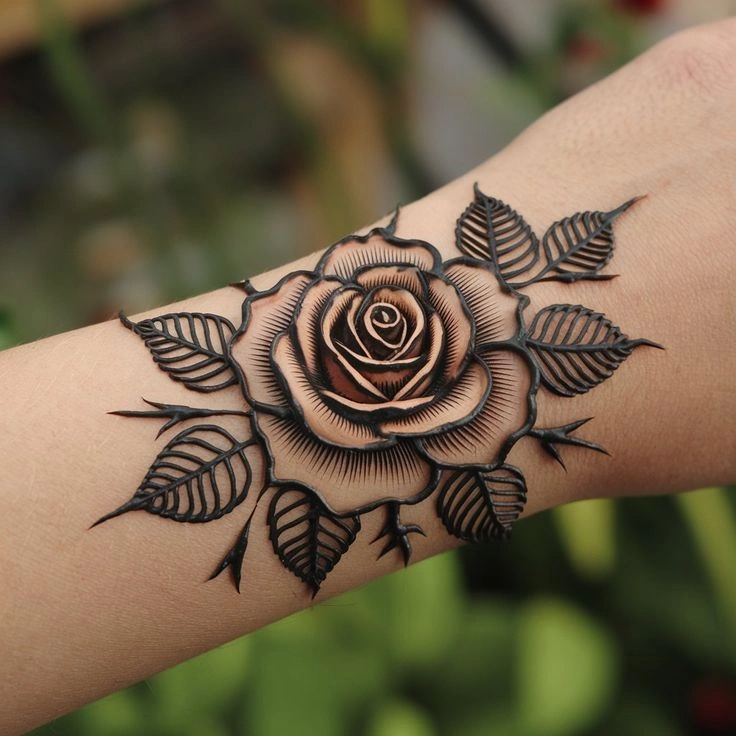 3d rose design mehndi with super realistic looks