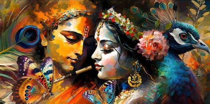 Featuring Lord Krishna and Radha along with a beautiful peacock in a digital artistic way