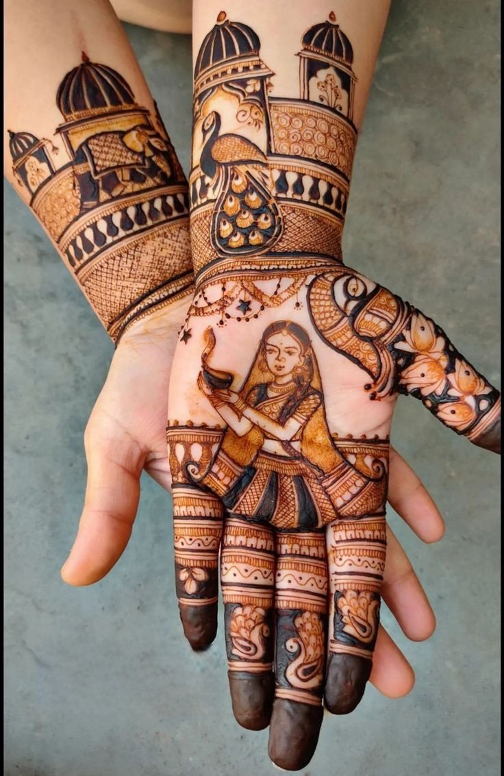 Artistic mehndi showing a woman holding a diya, symbolizing Diwali celebrations.